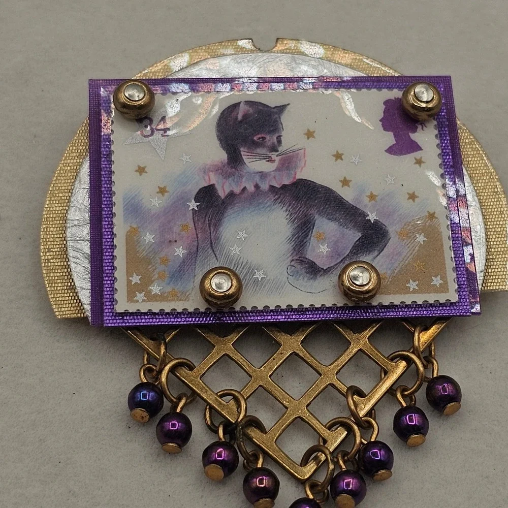 Handmade Brooch Pin Cats Stamp Whimsical Musical Purple Gold Tone Art Wear